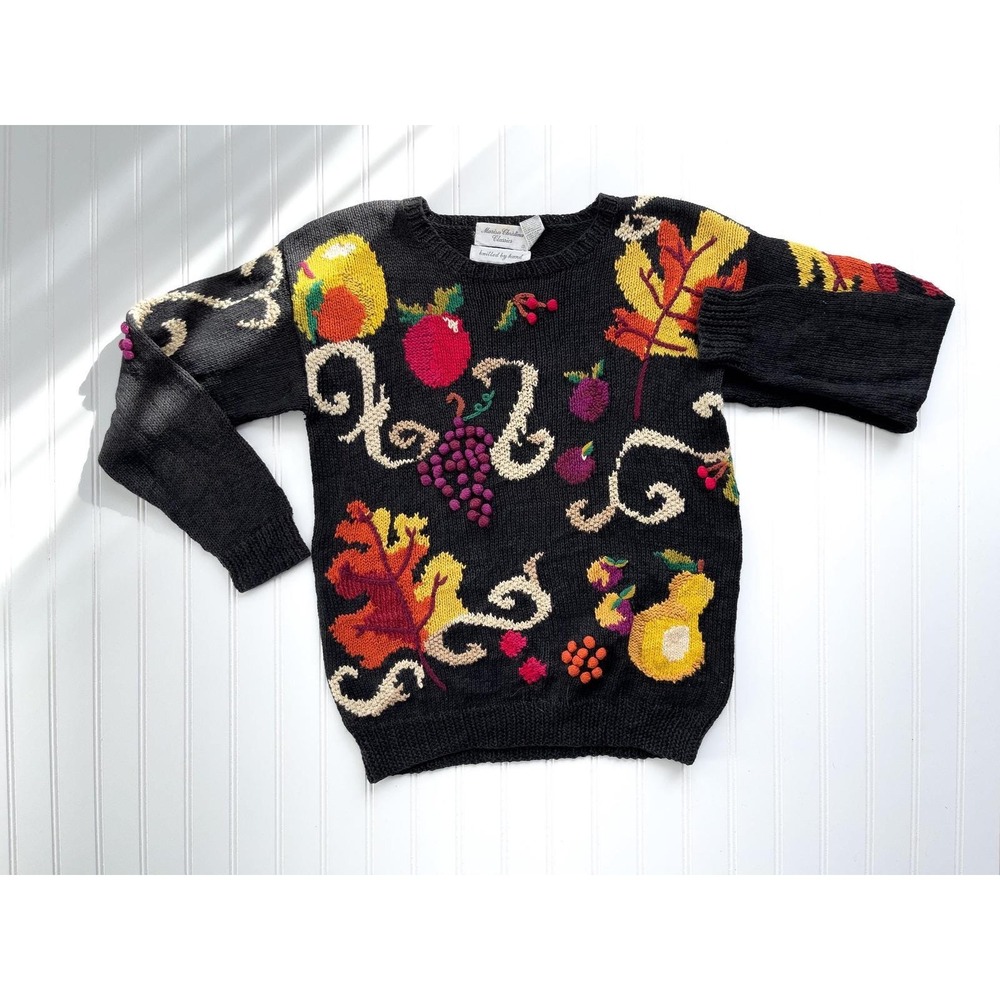 vtg Marisa Christina black fruit grapes cherries‎ hand knit sweater size S
